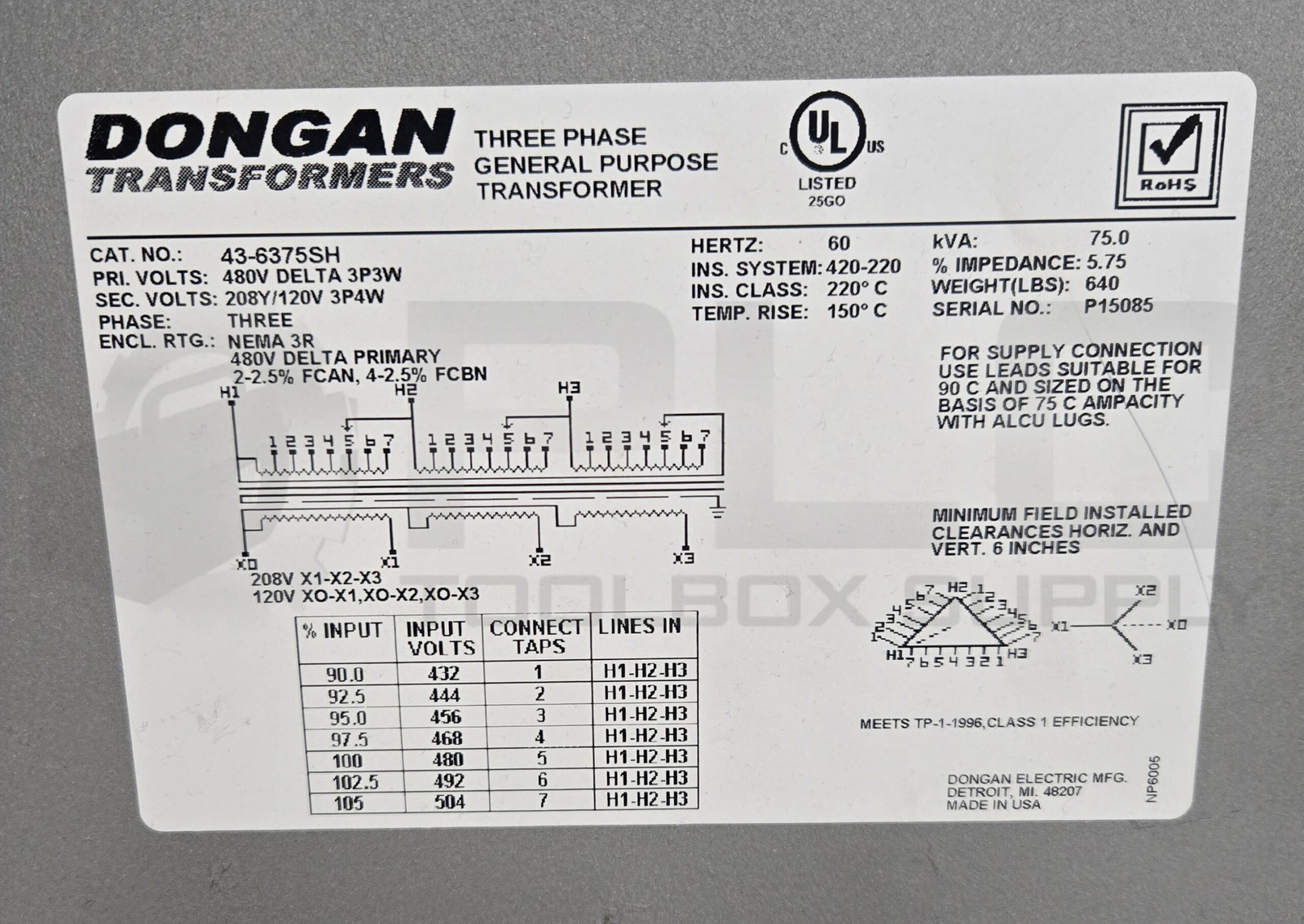 DONGAN 43-6375SH TRANSFORMER 3PH 60HZ 75KVA 480V