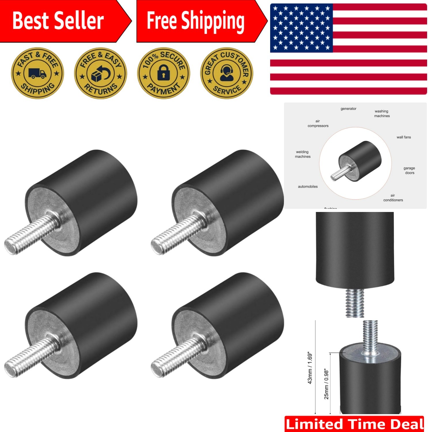 High-Performance 25x25mm M6 Rubber Vibration Isolators – 4 Pack Shock Absorbers