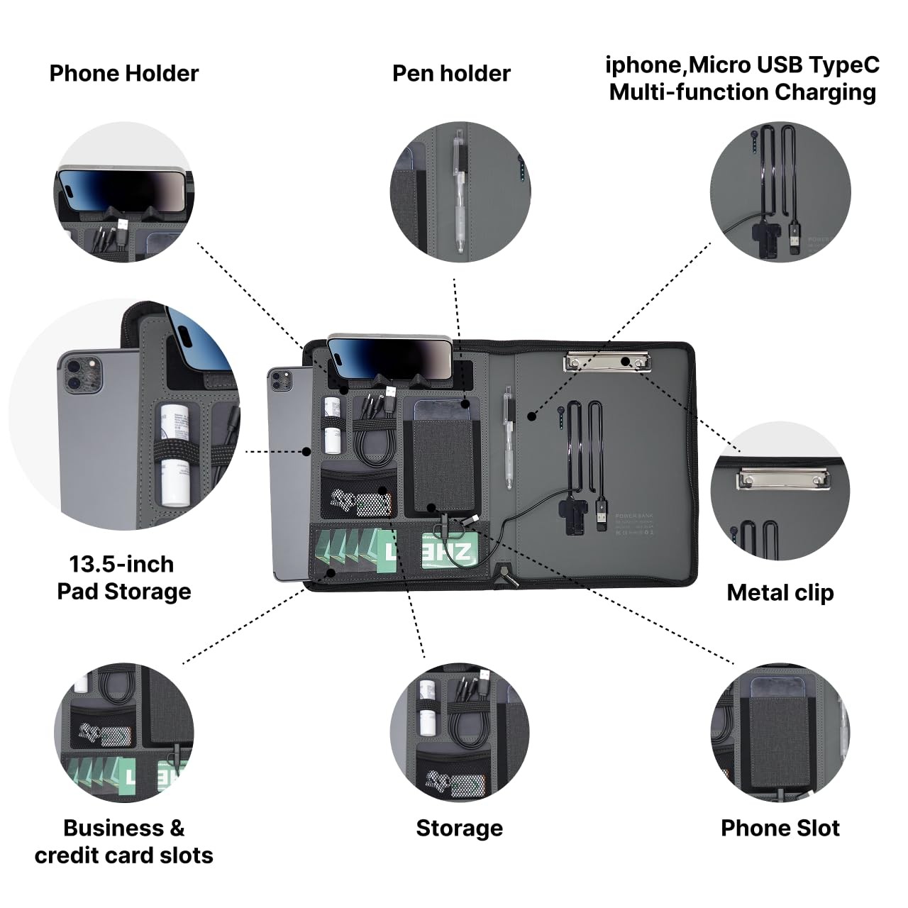 CARDSILK, Zipper Padfolio, Portfolio Binder Organizer with 8000mAh Power Bank, P