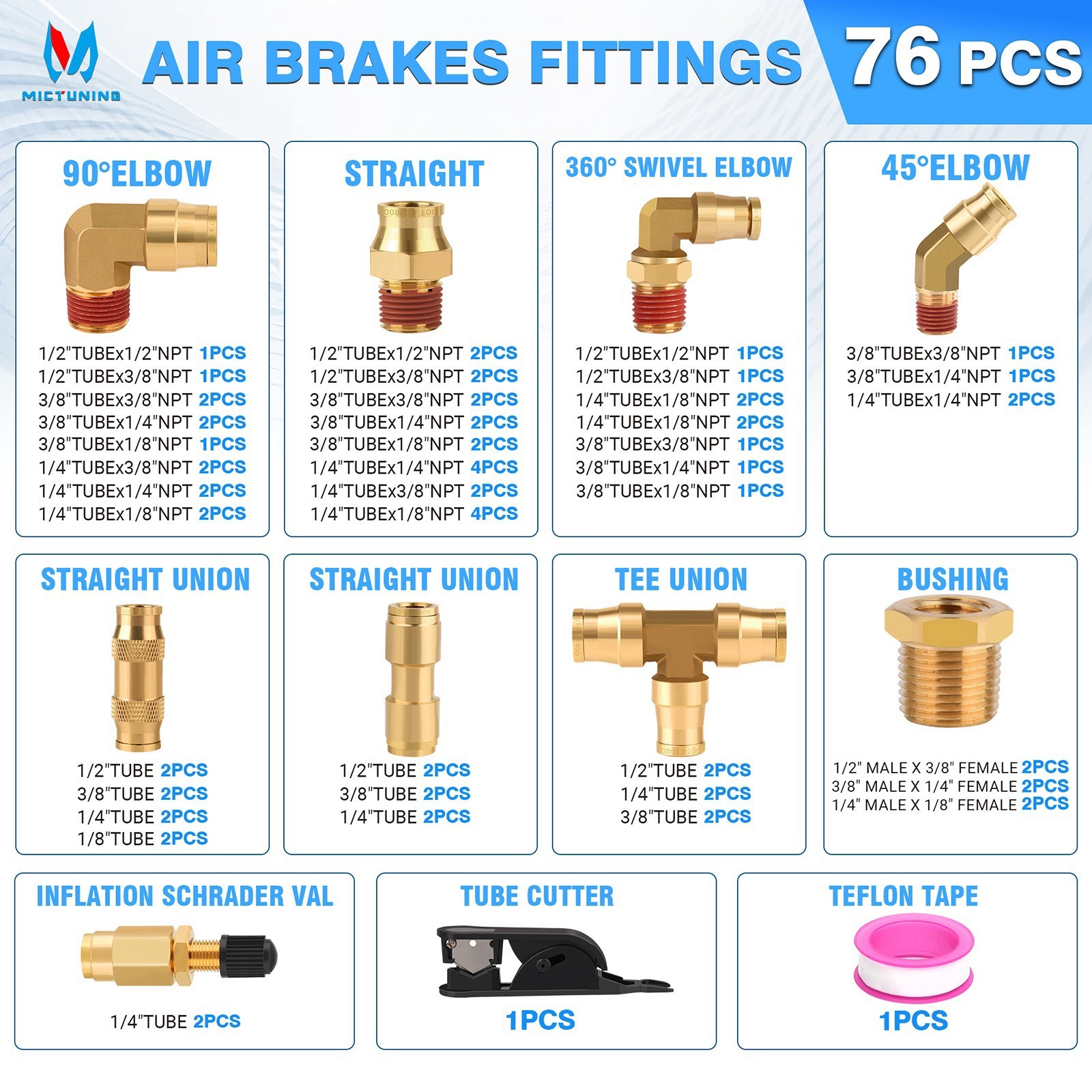 Upgrade 76 PCS DOT Brass Air Line Fittings Kit Semi Truck & Trailer Brake System