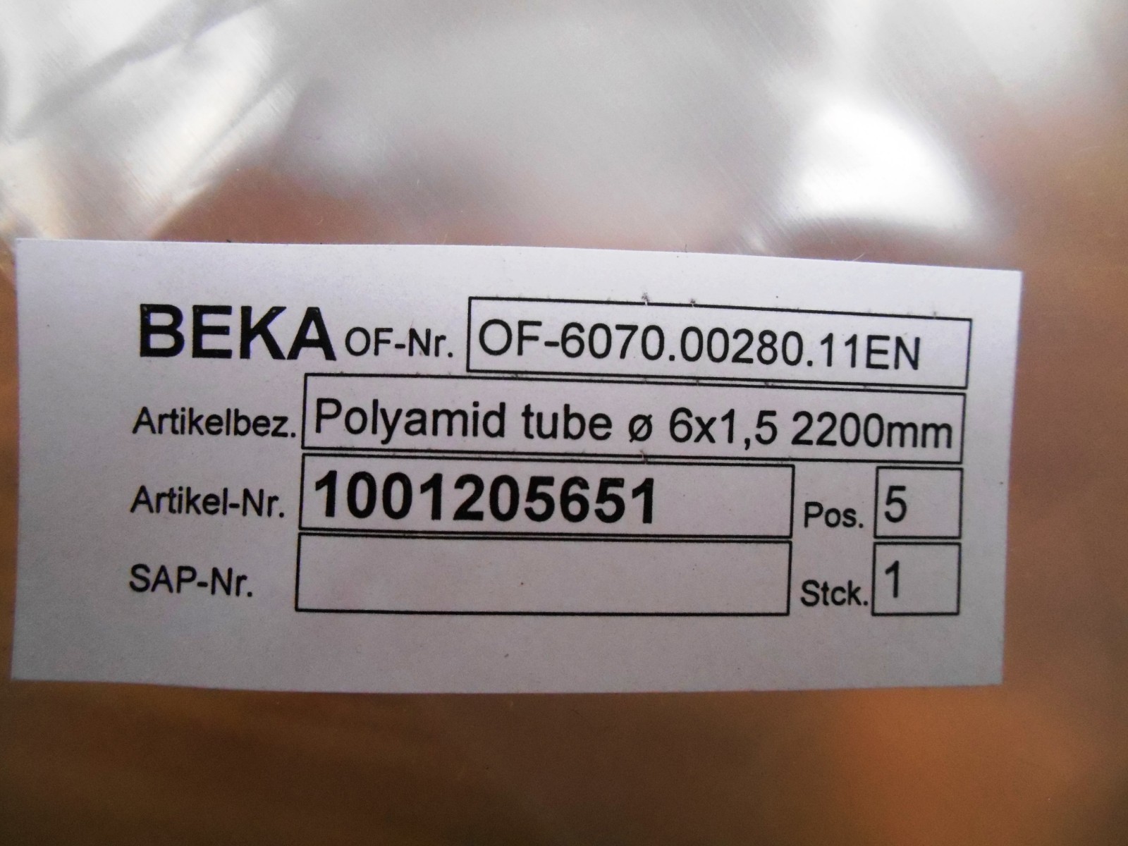 Beka 1001205651 Polyamide Tube 6 x 1,5 2200MM