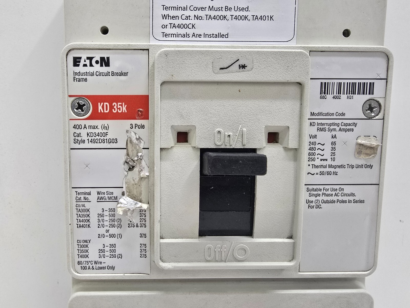 GOOD USED! EATON CUTLER-HAMMER 350A TRIP UNIT CIRUBIT BREAKER KD3400F