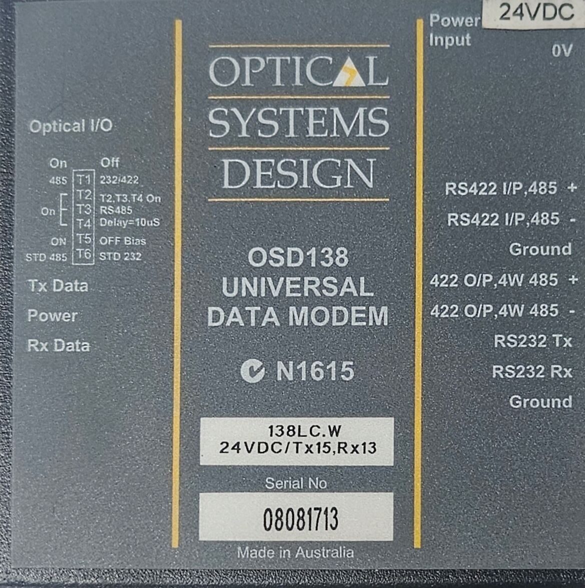 Optical Systems Design OSD138 Data Modem 138LC.W 24VDC / Tx13, Rx15
