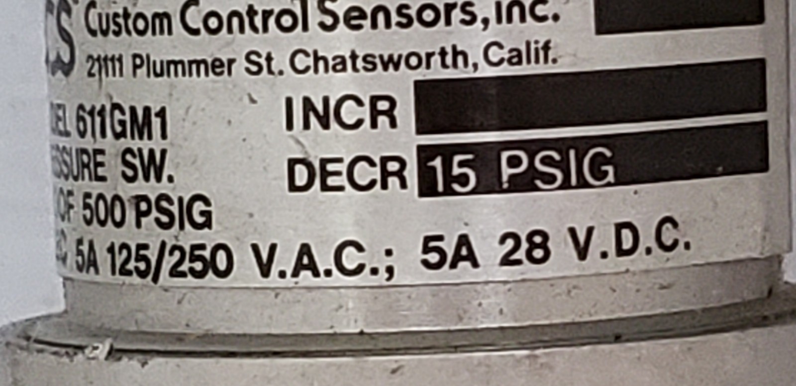 CUSTOM CONTROL SENSORS, INC. 611GM1 PRESSURE SWITCH, 500PSIG, 5A, 125/250VAC NNB