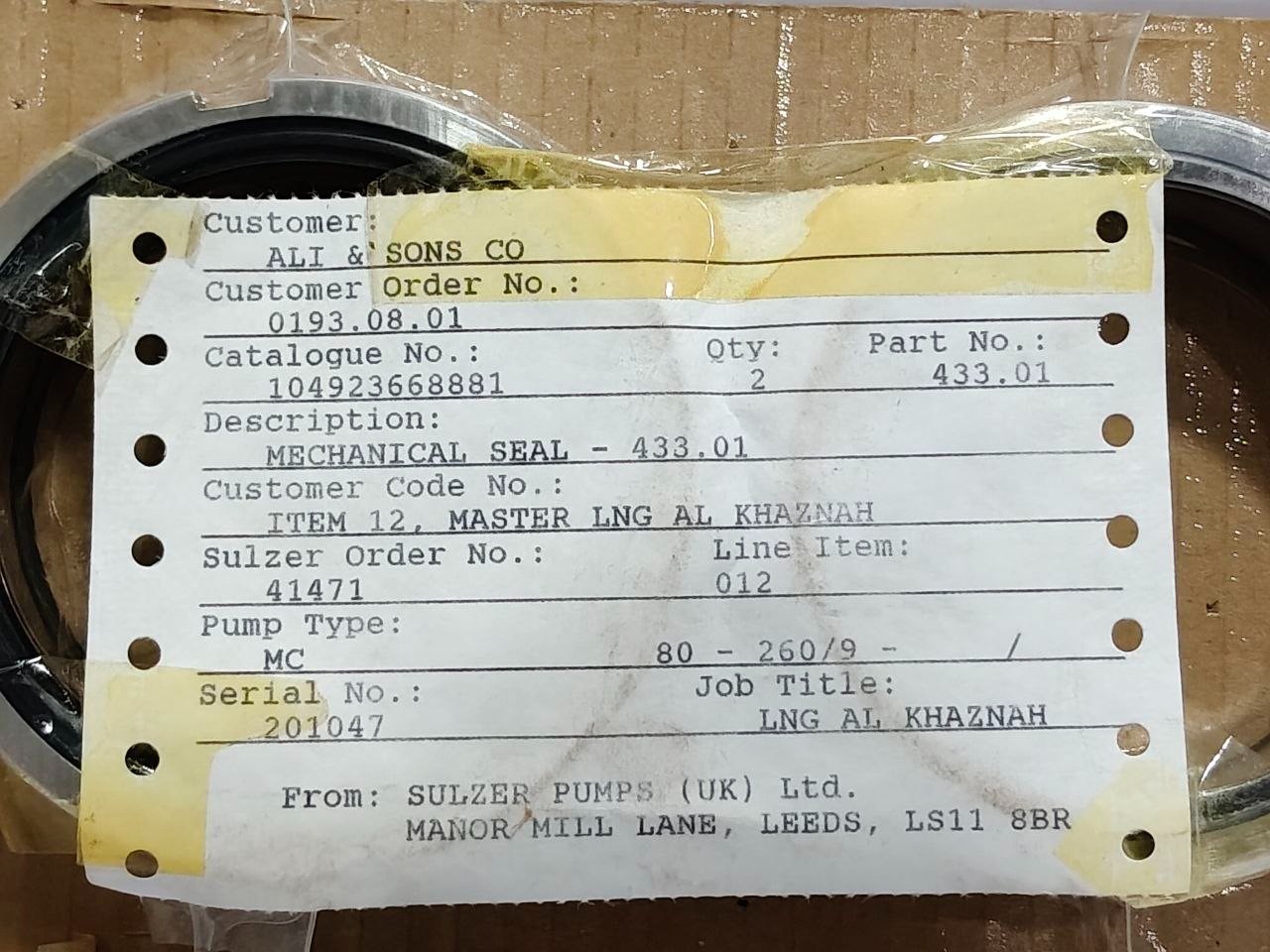 Sulzer Pump Seal 433.01 for MC 80-260/9 Mechanical Seal Set Part No 433.01