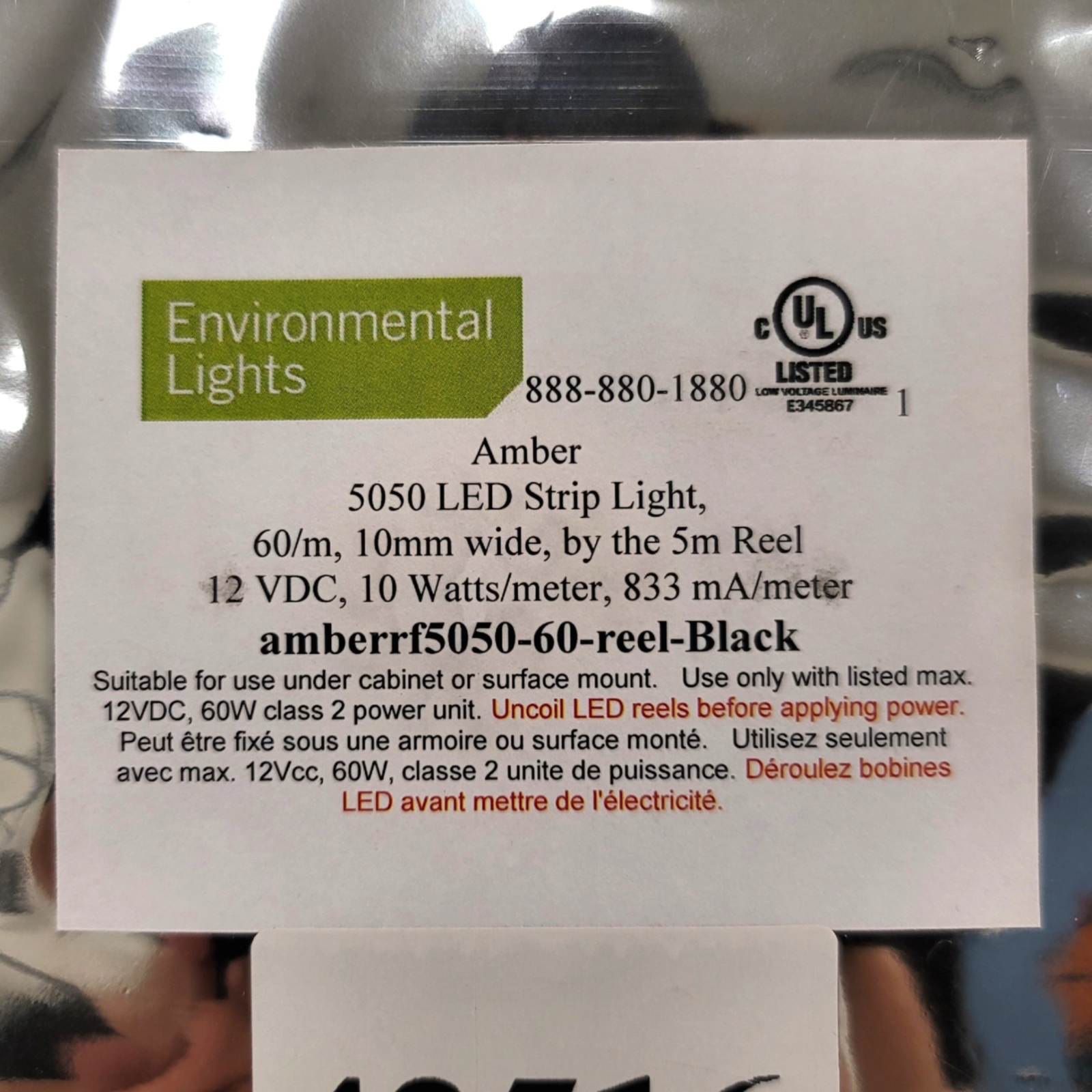 Environmental Lights amberrf5050-60-reel Amber LED Light Strip, 5m Reel, 12VDC