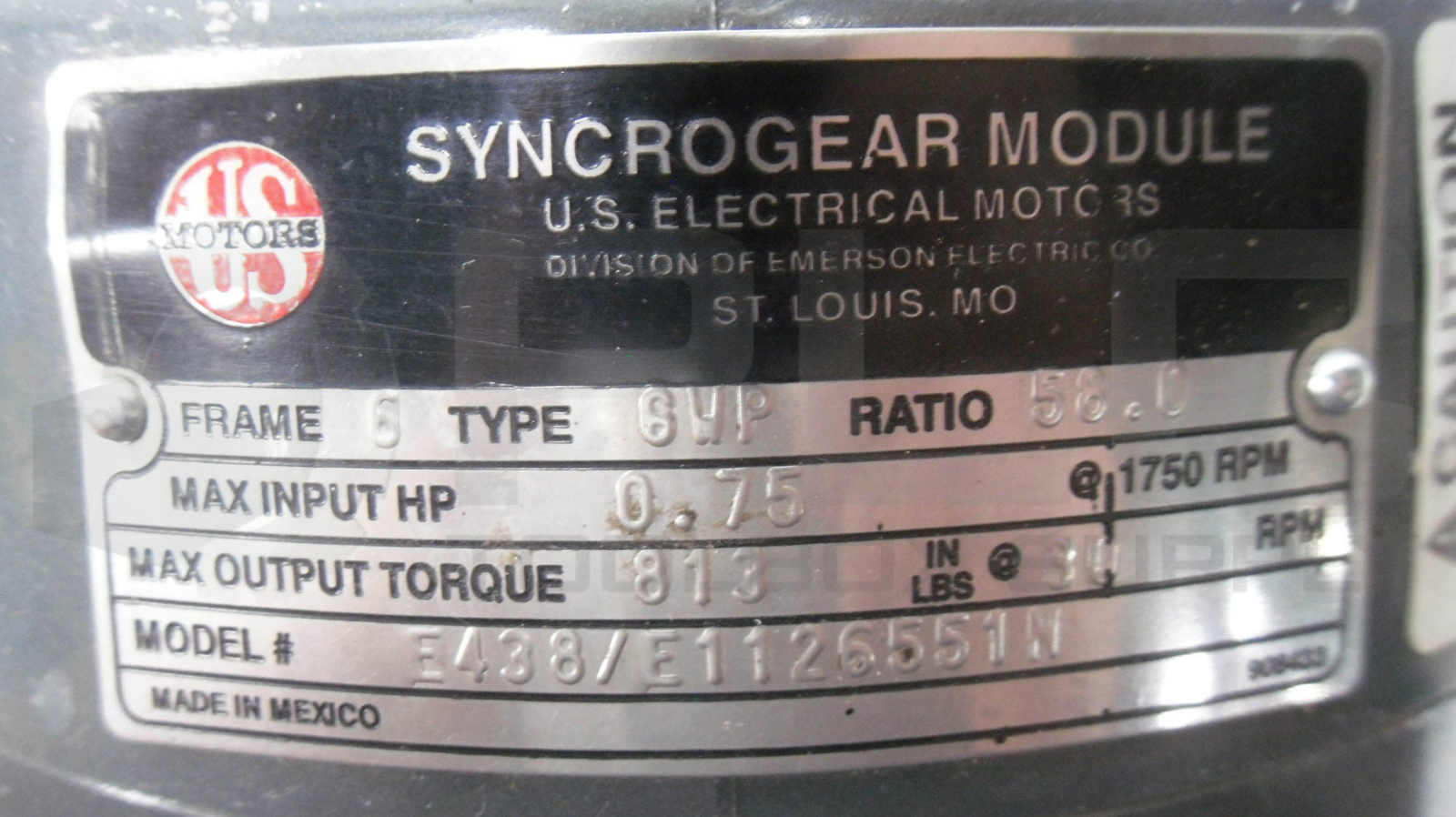 NEW US MOTORS E438 SYNCROGEAR MODULE RATIO: 58.0, E181 MOTOR 1/2HP 1145PM FR: 56