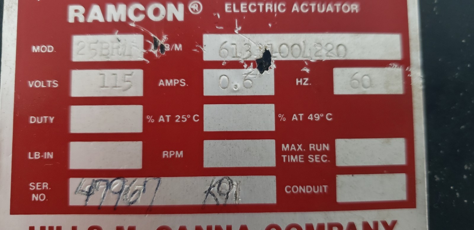 HILLS-McCANNA 25BR4 RAMCON ELECTRIC ACTUATOR, 115V, 0.6A, 60Hz