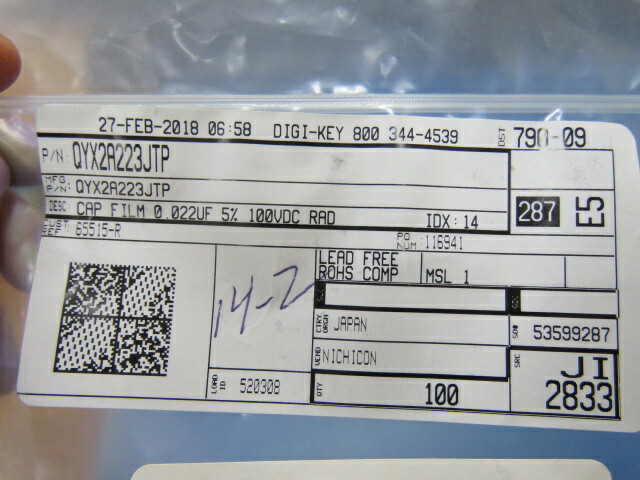 NICHICON QYX2A223JTP Qty of 83 per Lot 0.022µF Film Capacitor 100V Polyester