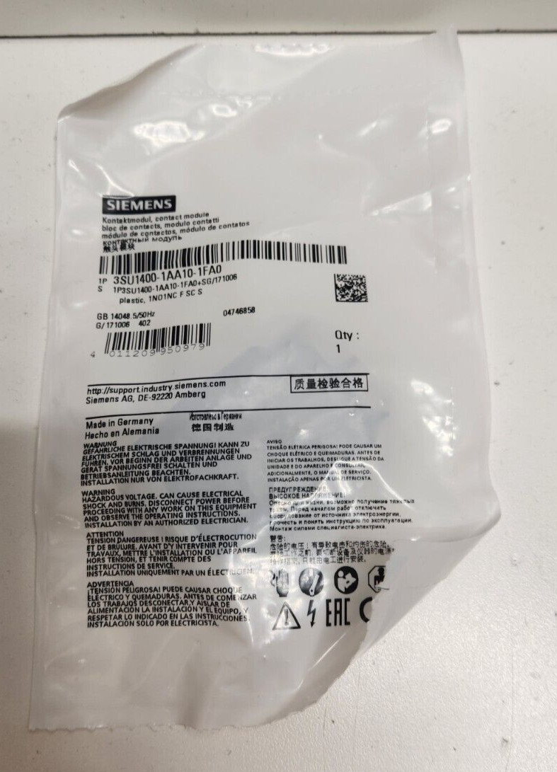 NEW OLD STOCK! SIEMENS 10A 600V 1NO/1NC CONTACT MODULE 3SU1400-1AA10-1FA0
