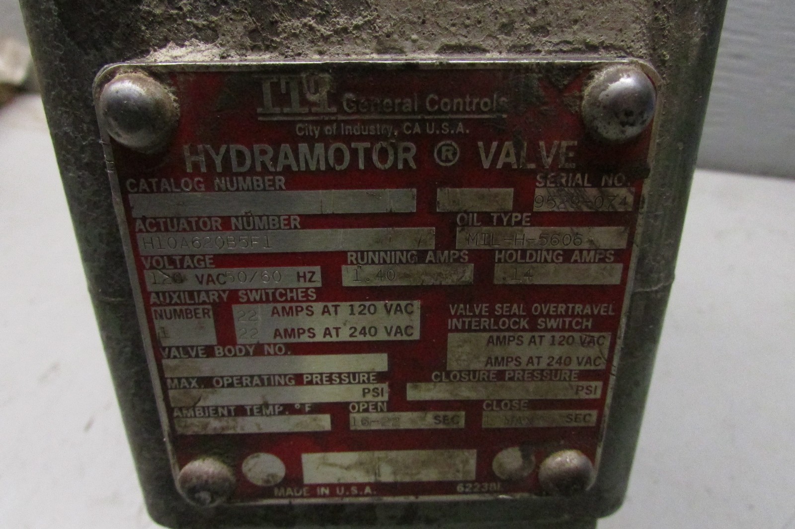 ITT Hydramotor Valve H10A620B5F1 Oil Type: MIL-H-5606 120V 50/60Hz