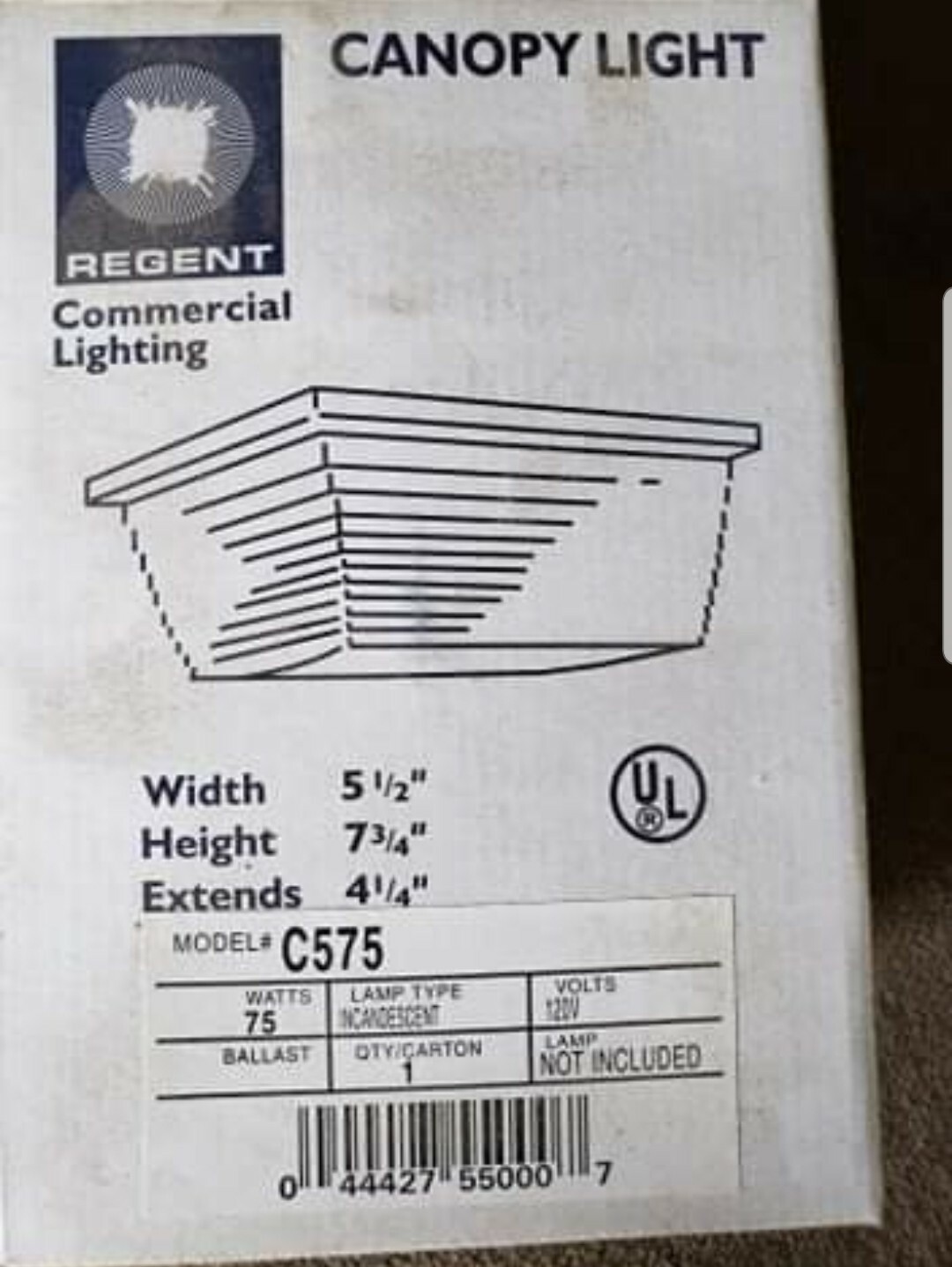NEW Regent Commercial Canopy Light W/5-1/2 x H 7-3/4 Extends 4-1/4 incandescent