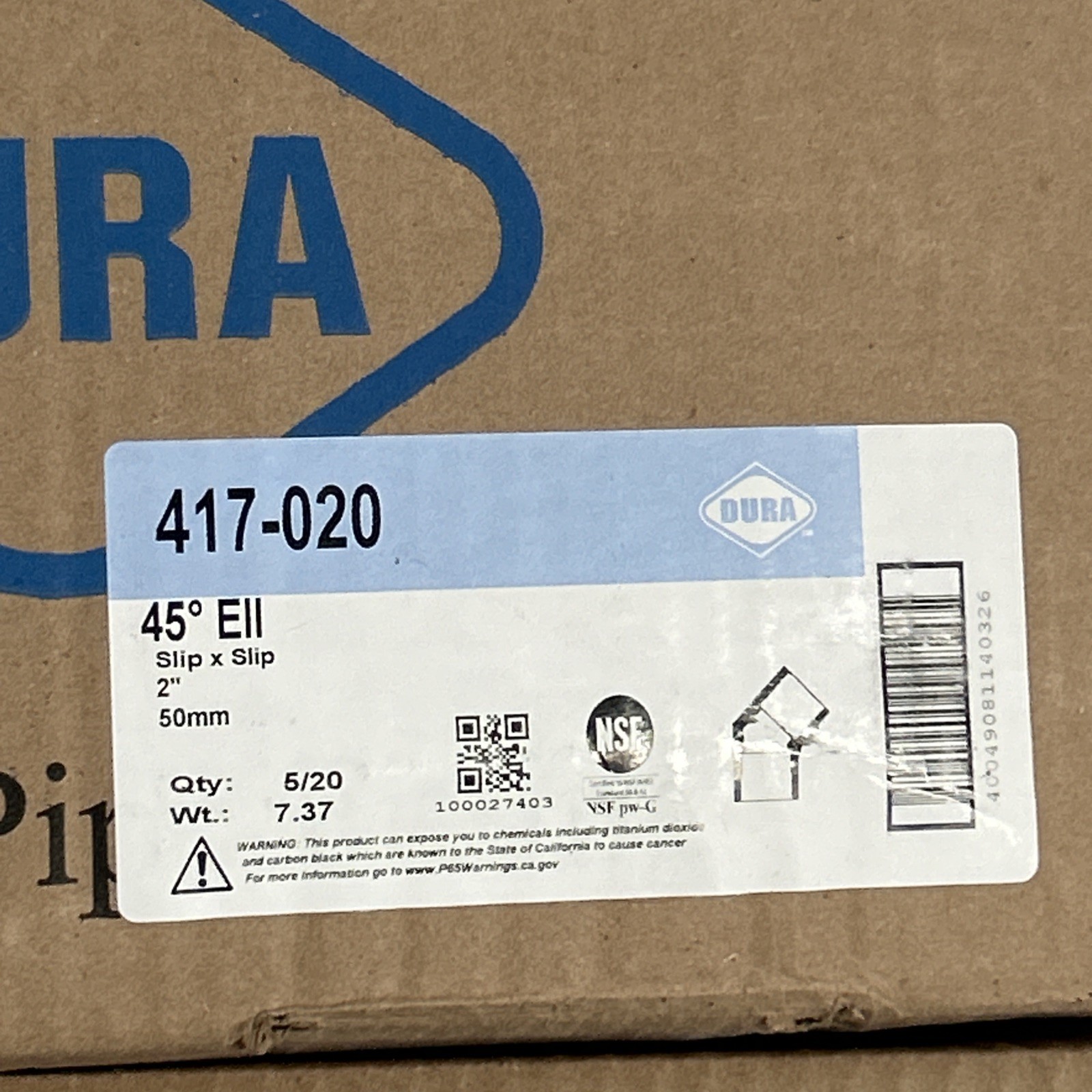 Dura Plastic 417-020 2” 45 Deg SCH 40 PVC NEW* (B240) Lot Of 20 Sealed Case