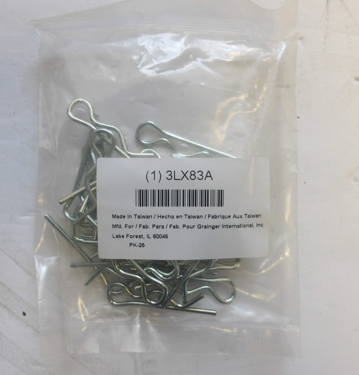 GRAINGER P/N: 3LX83A 43MM STEEL SAFETY CLIP (LOT OF 20 BAGS – 500 TOTAL CLIPS)