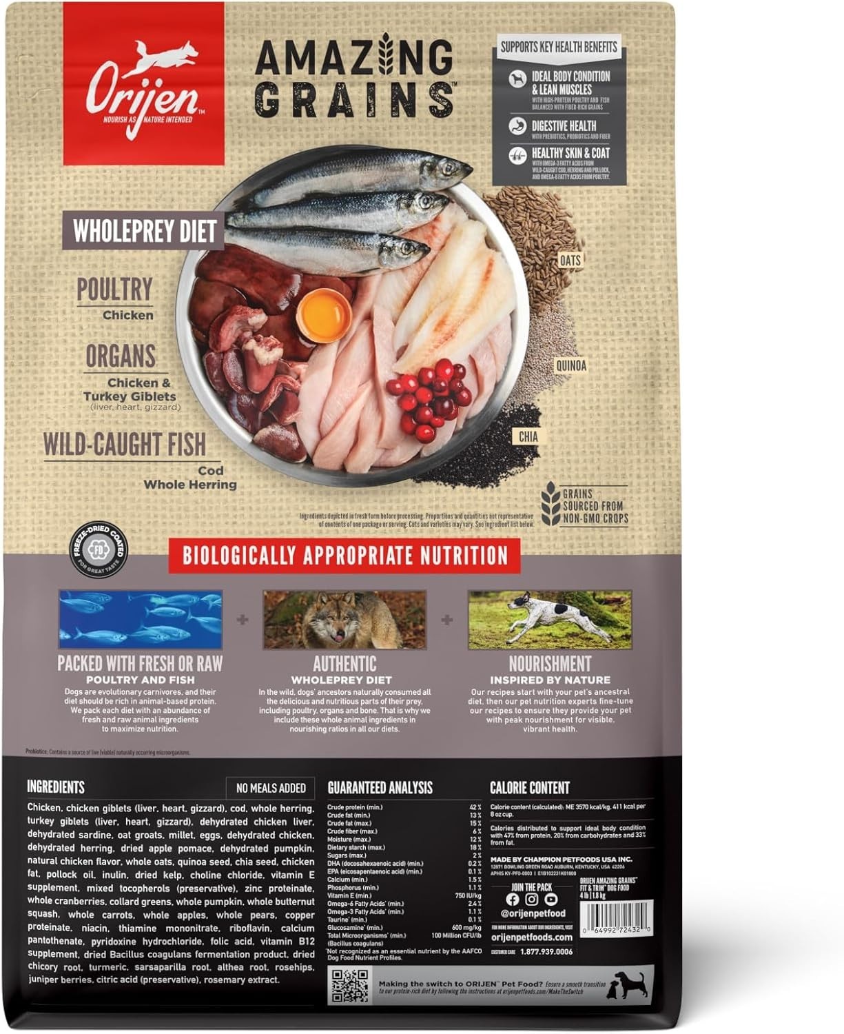 ORIJEN Amazing Grains High Protein Dry Dog Food Fit & Trim Recipe 4lb Bag