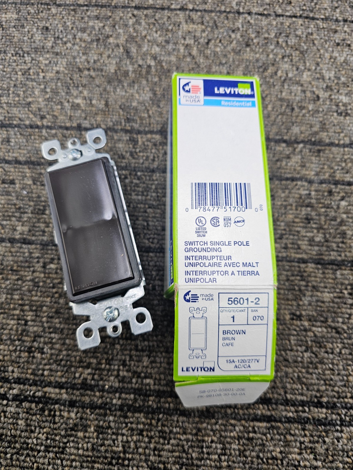 Leviton 5601-2: Brown Single Pole Rocker Light Switch 15A-120/277V AC