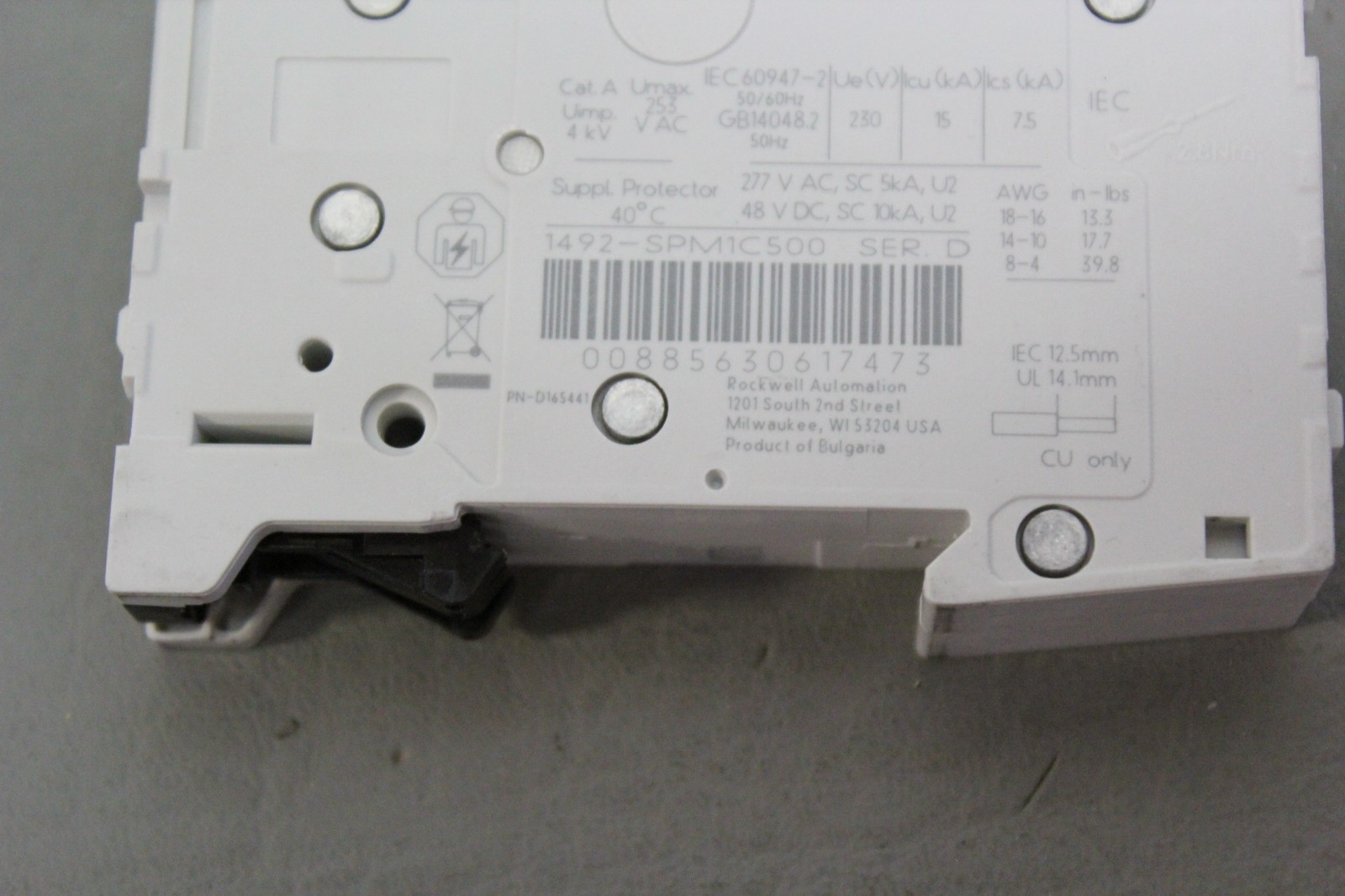 ALLEN BRADLEY 50A CIRCUIT BREAKER W/AUXILIARY CONTACT 1492-SPM1C500 D 189-AR3 D