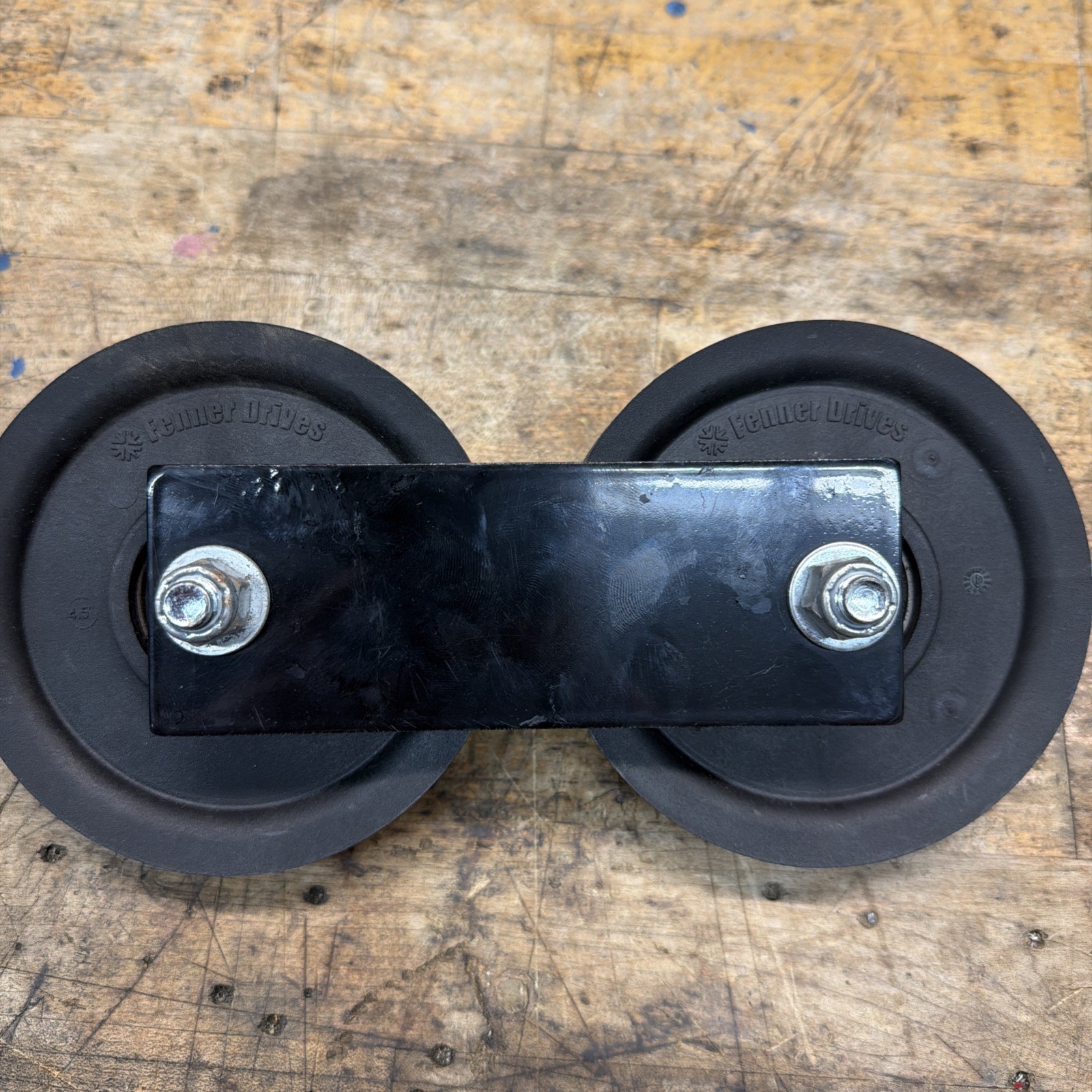 LOT OF 2 FENNER DRIVES ROUND BELT IDLER PULLEY 1/4 CABLE 4.5 With Connection Bar