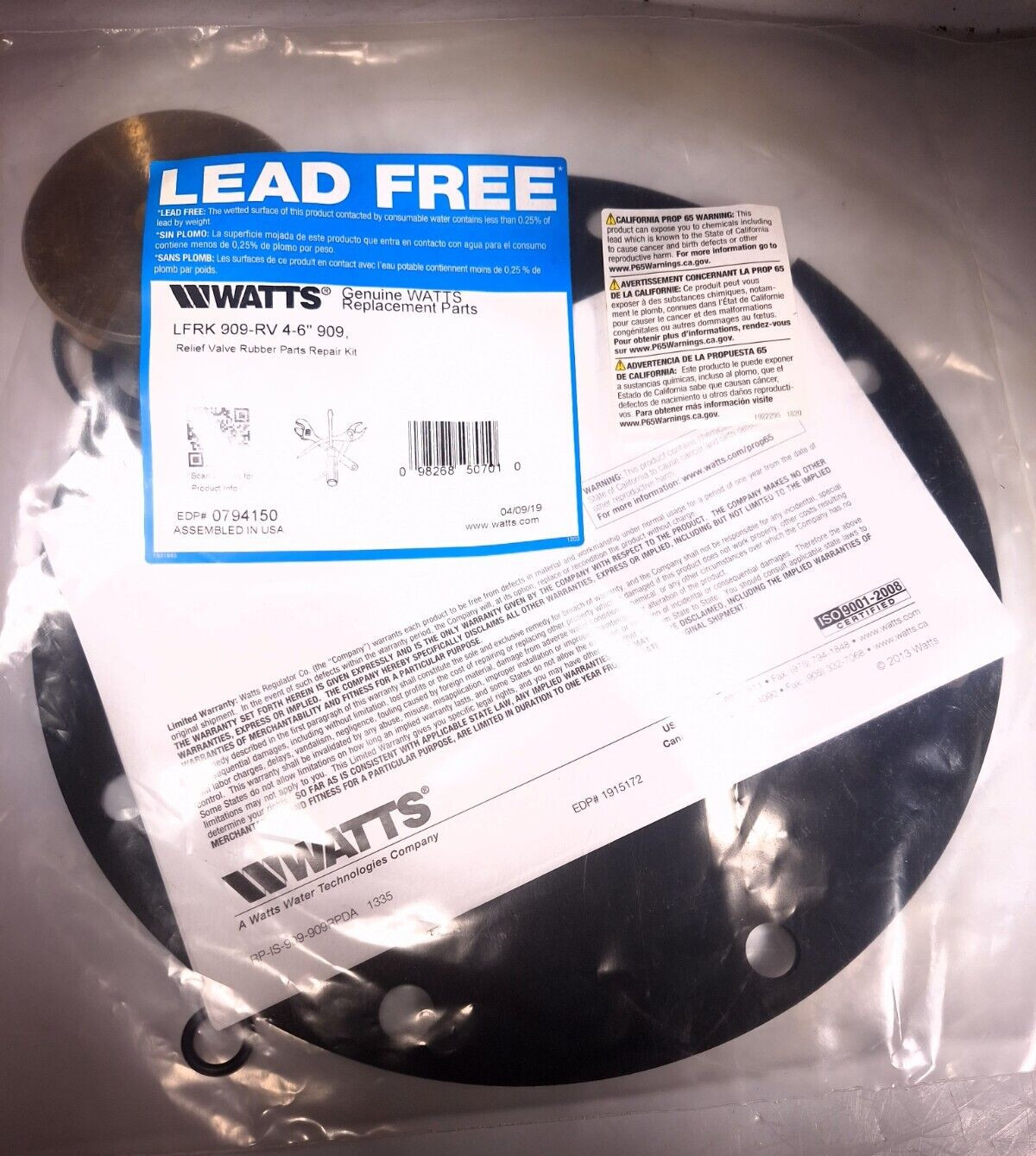 WATTS 0794150 LFRK 909-RV 4-6″ 909 RELIEF VALVE RUBBER PARTS REPAIR KIT