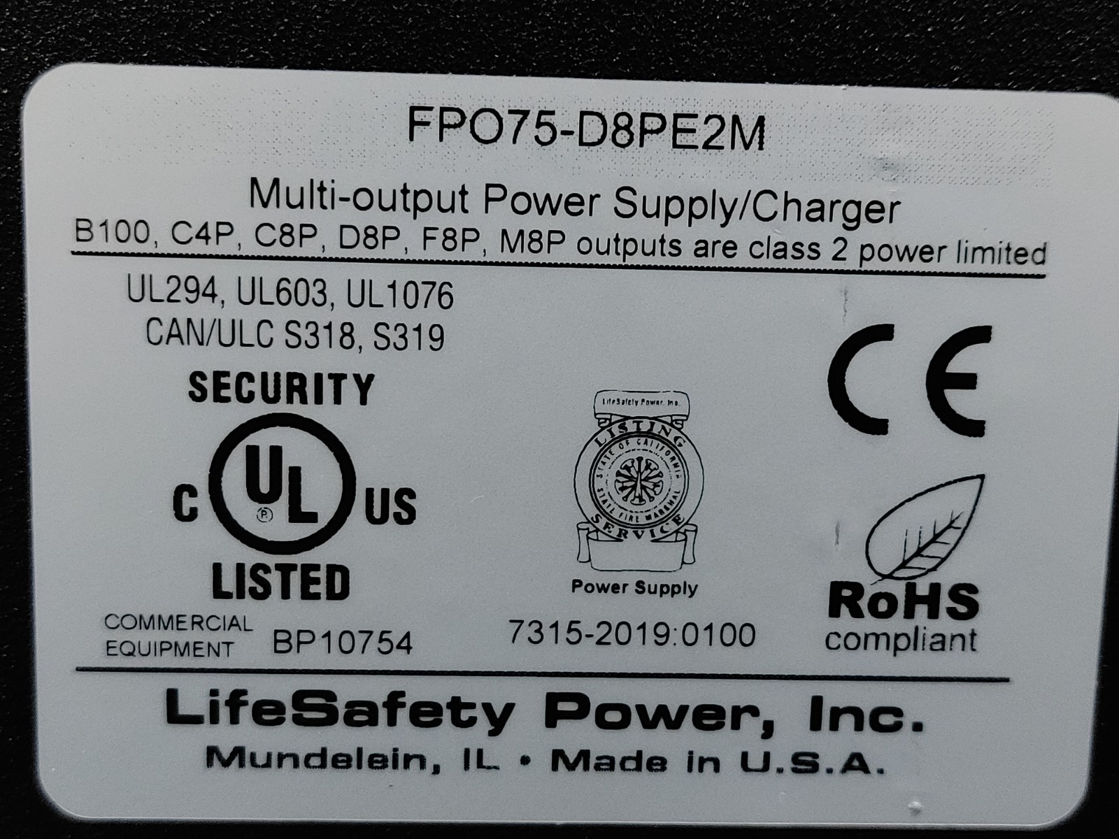 LIFESAFETY POWER FP075-D8PE2M Multi Output Power Supply Charger Enclosure
