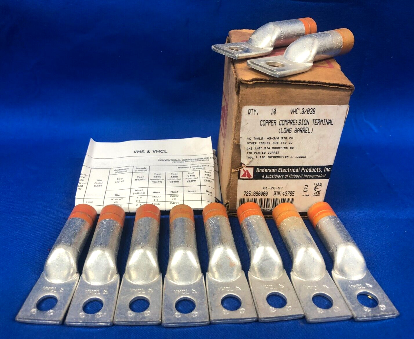 HUBBELL/ANDERSON COMPRESSION TERMINALS LUGS VHCL3/038 1 HOLE 3/0 AWG **QTY 10**