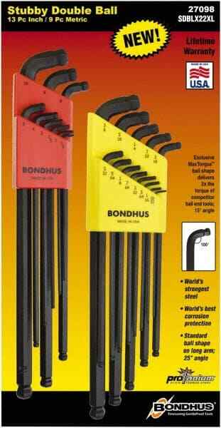 Bondhus 27098 22 Piece Ball-End L-Wrench Hex Key Set, 0.05 to 3/8″ Range