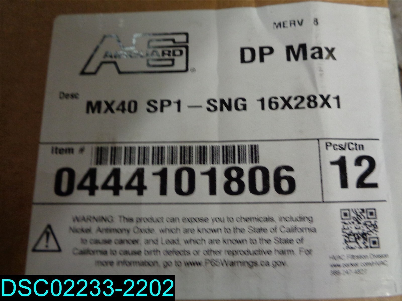 QTY=12: AIRGUARD MX40 SP1-SNG 16X28X1 MERV 8 0444101806
