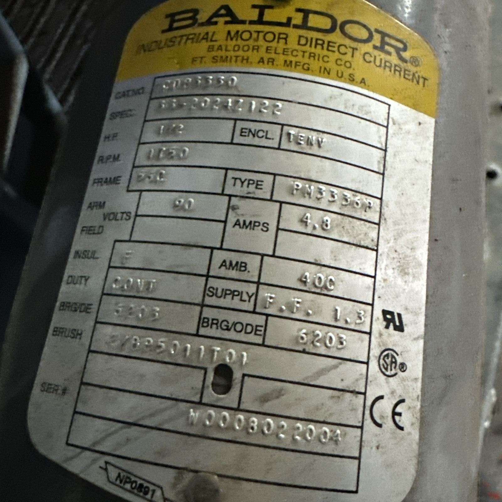 BALDOR MOTOR, 1/2HP, 1750RPM, 90V, With Dc Drive Controller