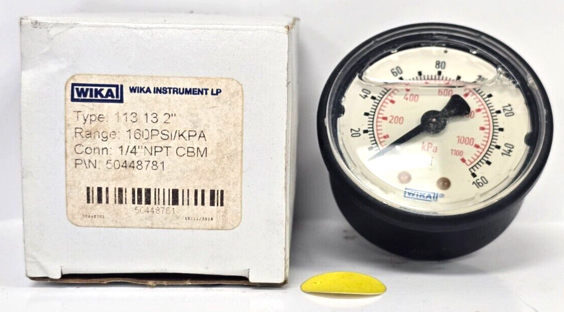 WIKA PRESSURE GAUGE 50448781; 2″ DIAL; 1/4 NPT; GLYCERIN; 0-160PSI; -4° TO 140°F