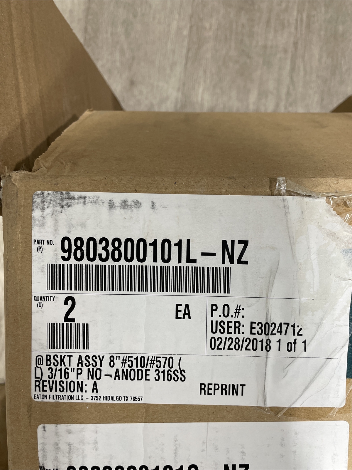 Eaton Filtration 9803800101L-NZ Bskt Assy 8″ 3/16″ P 316ss Long *Lot Of 2*