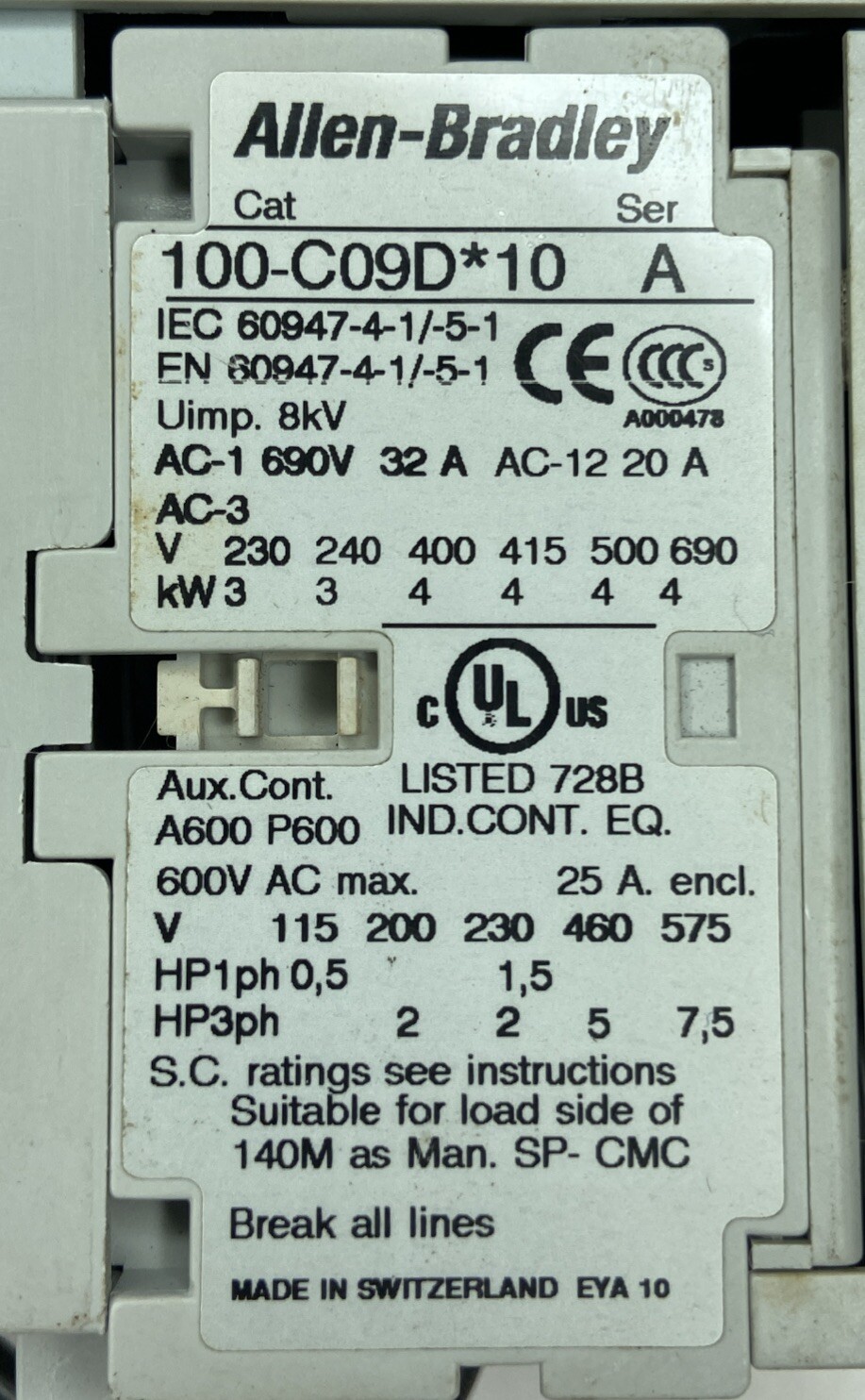 Used Allen Bradley Assembly 190S-ANDJ2-CB10C-KY, 140M-CE-B10, 100-C09D*10,138876