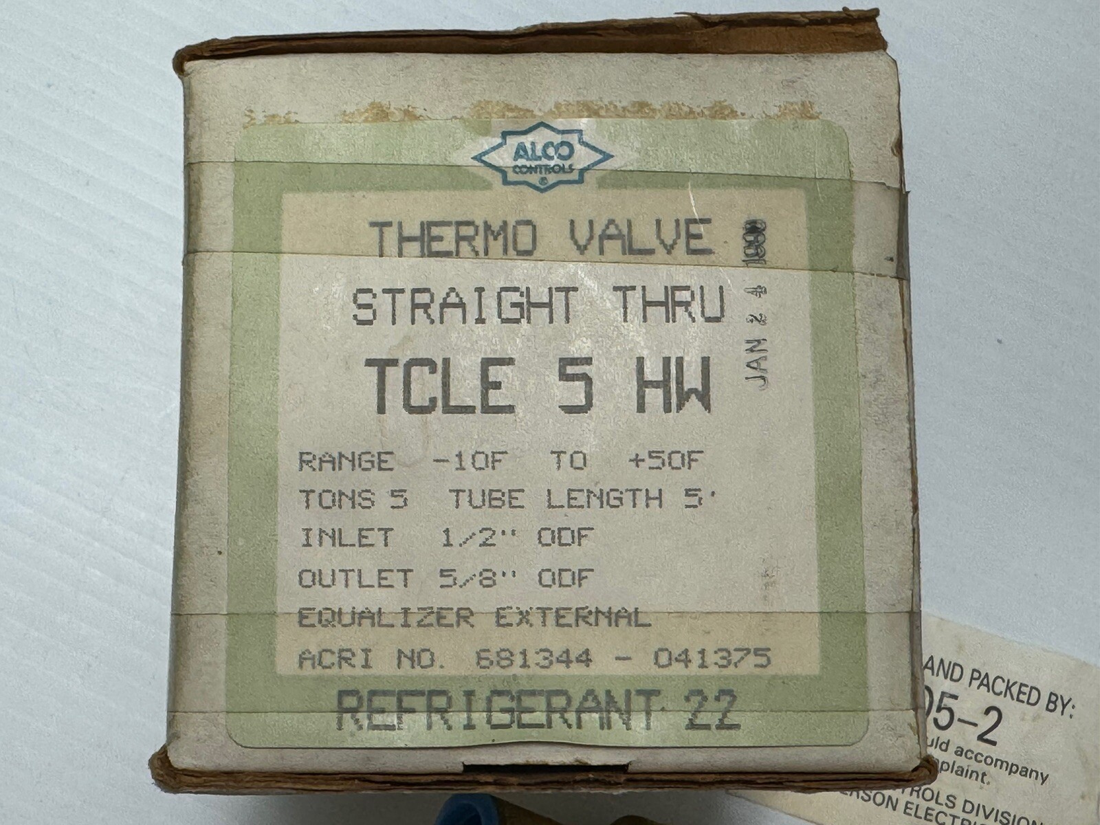 ALCO TCLE 5 HW 6A Thermo Valve Straight Thru Tons-5 Tube Length- 5’ft R22 NEW!!