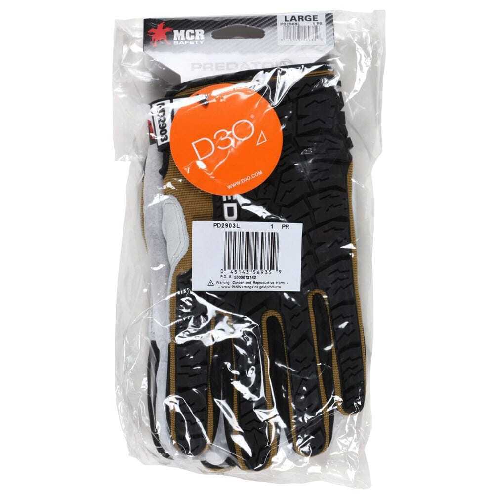 MCR Safety PD2903L Gloves: Size L, Cowhide Brown & Natural, Padded Palm Grip