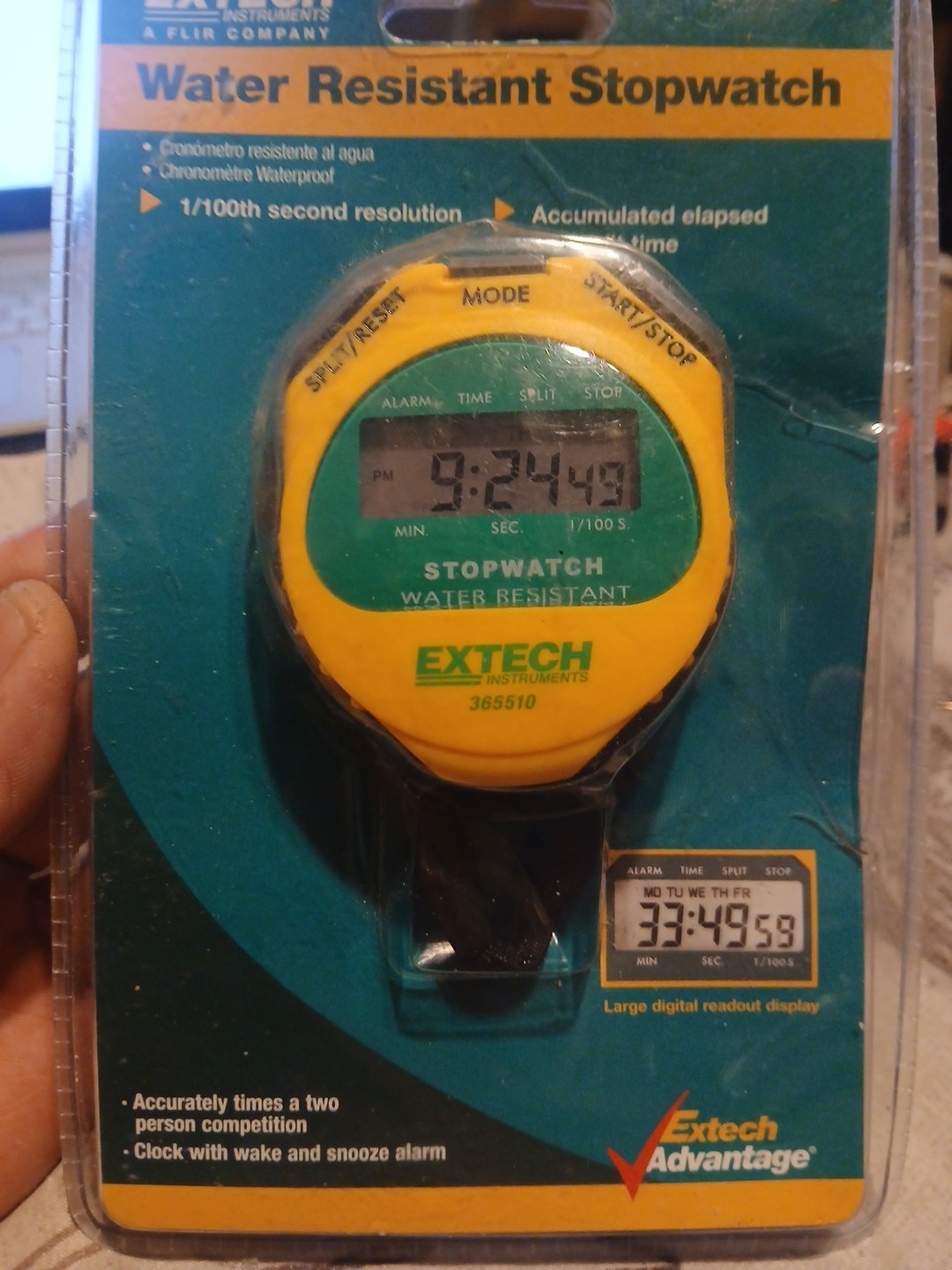 Extech 365510 Water Resistant Yellow Stopwatch with Timer & Clock