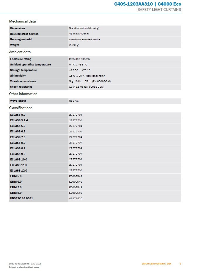 Sick C4000 ECO set of C40S-1203AA310/1027476 and C40E-1203AN310/1027477 24VDC 6m