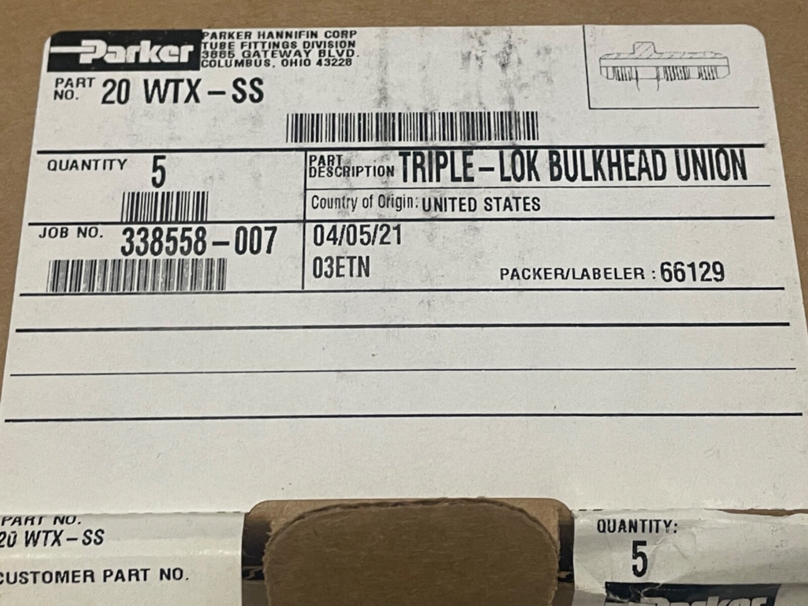 QTY 1 Parker 20WTX-SS Triple-Lok Bulkhead Union 1-1/4″ 37° Flare Stainless Steel