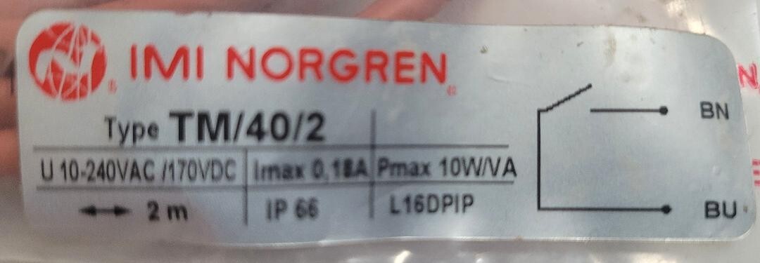 IMI NORGREN TM/40/2 10-240VAC 170VDC 0.18A 2M 2 WIRE 10W/VA L16DPIP NORMALLY OPE
