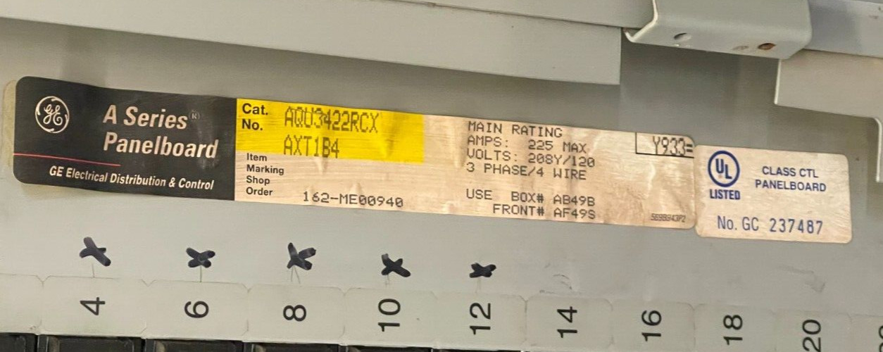 GENERAL ELECTRIC MAIN BREAKER PANEL AQU3422RCXAXT1B4
