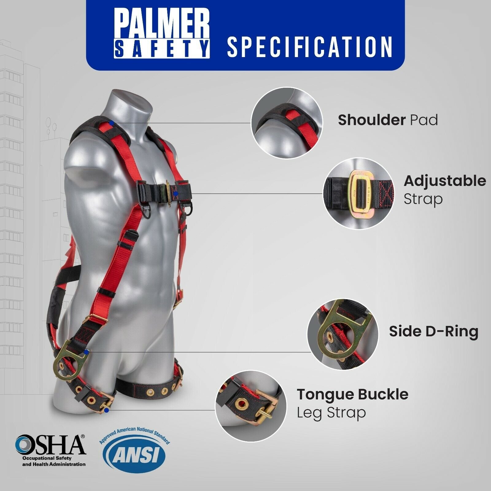 Full Body Harness w/detachable 6′ Internal Shock Absorbing Lanyard w/ Steel Hook