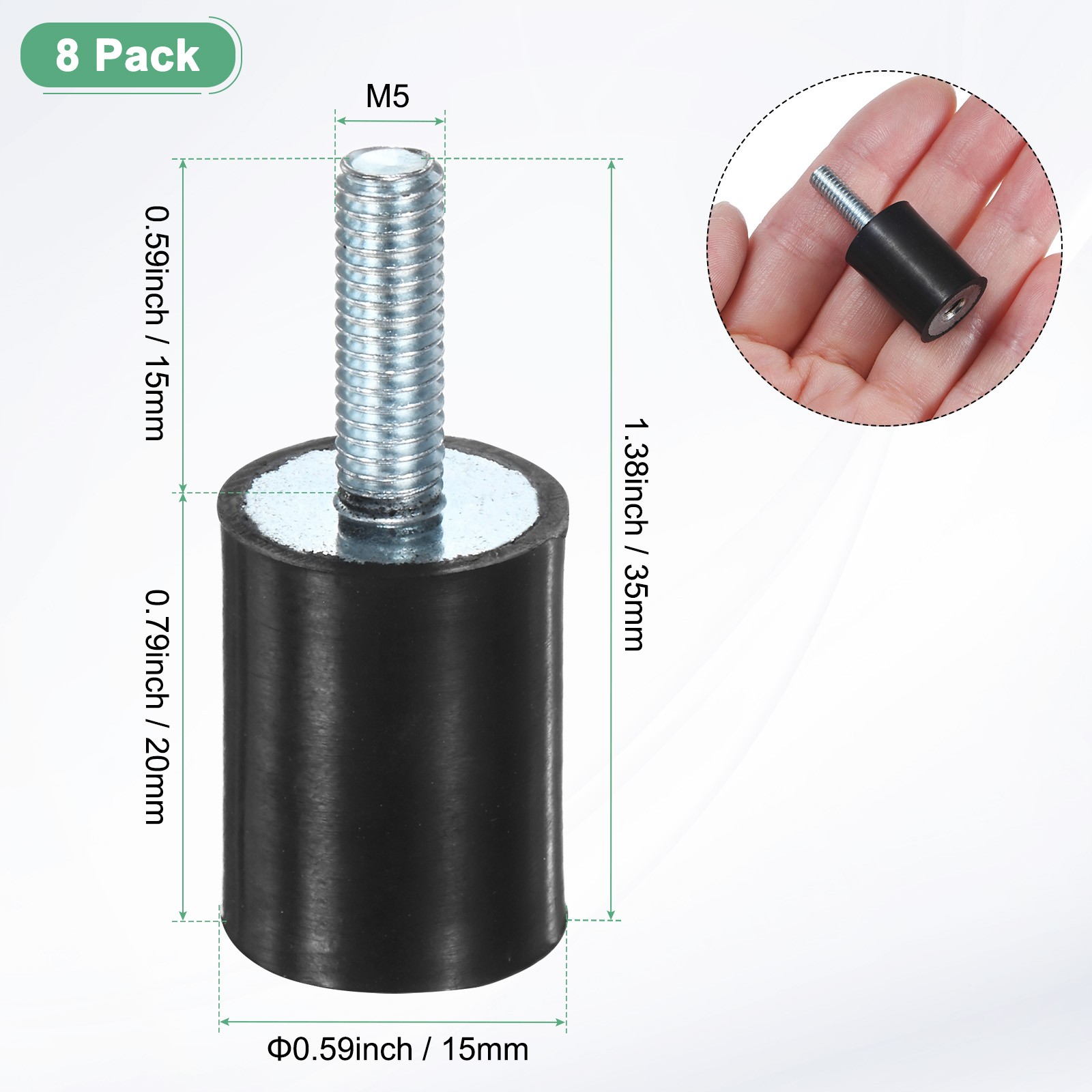 8-Pack Rubber Mounts with M5 x 15mm Studs Male/Female D15mmxH20mm