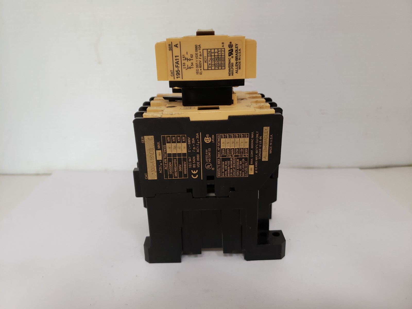 ALLEN BRADLEY 100-A18ND8 CONTACTOR SER C W/195-FA11 CONTACT BLOCK SER A