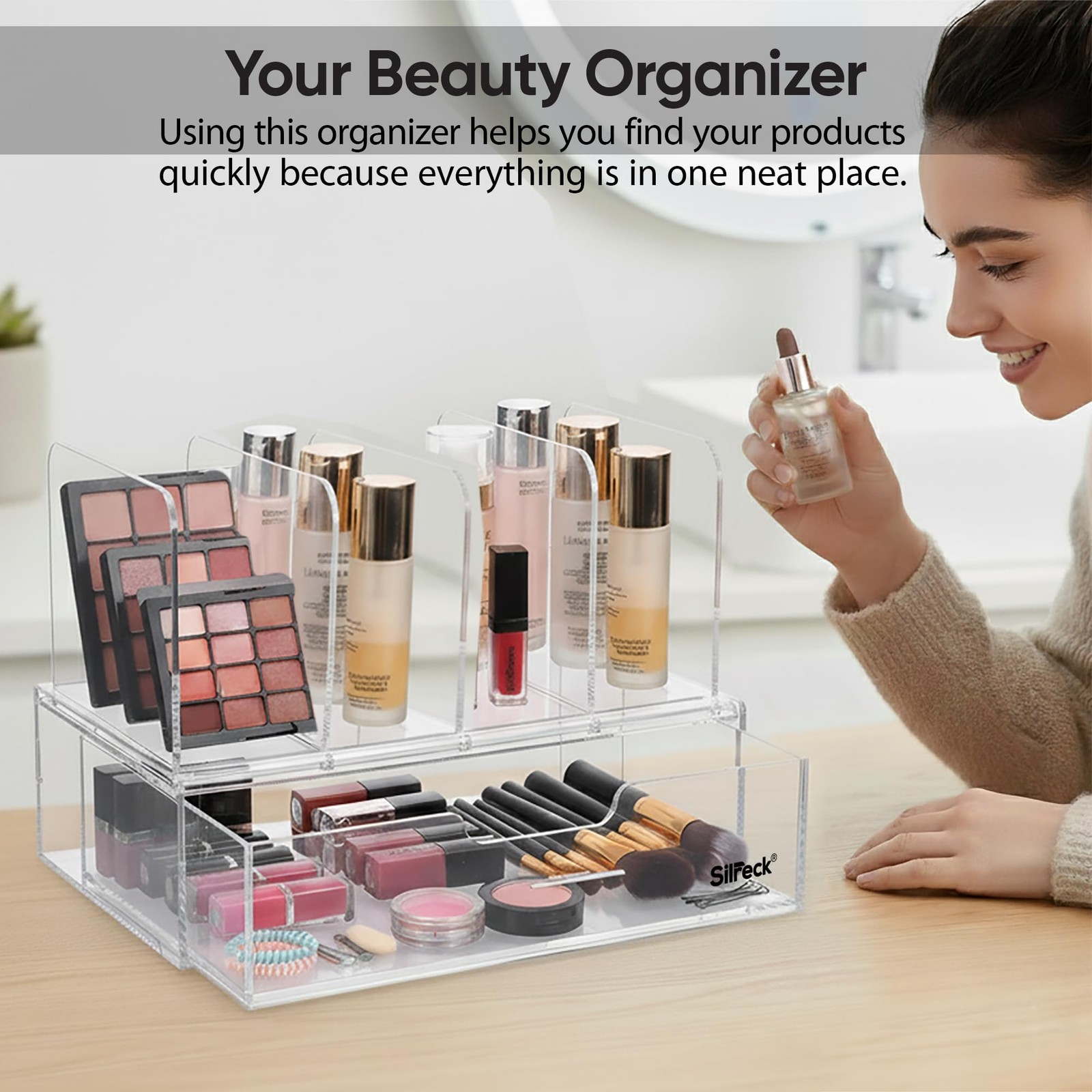 Acrylic Desktop Organizer Easy-Access Drawer I Clear Storage