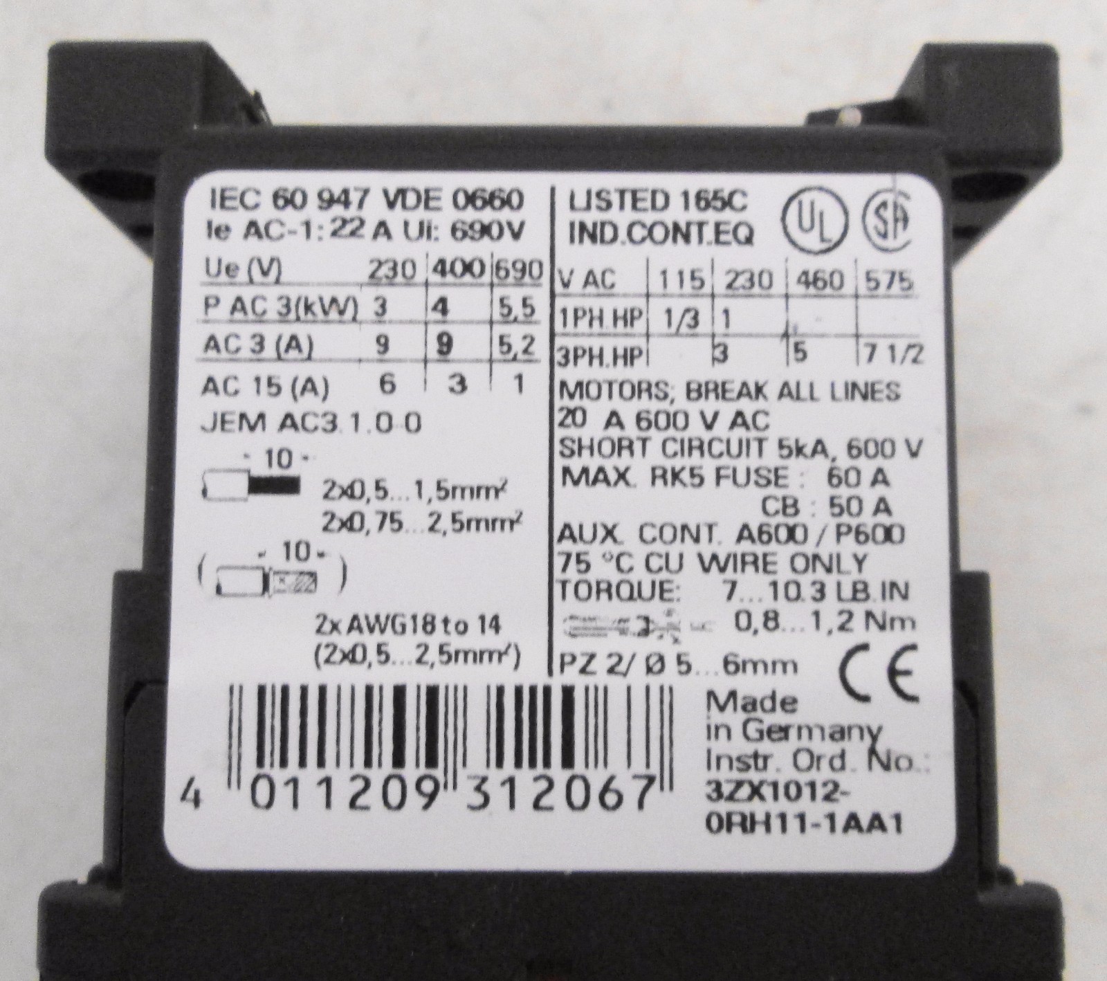 Siemens 3RT1316-1BB40 Contactor with 3RH1911-1FA40 Auxiliary Contact