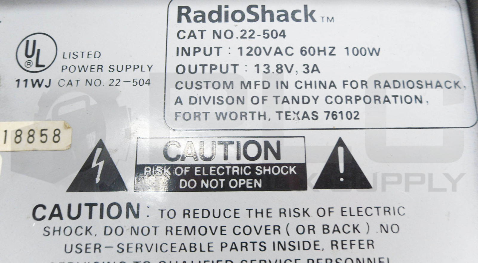 RADIO SHACK 22-504 REGULATED POWER SUPPLY 120VAC 60HZ 100W 13.8V 3A