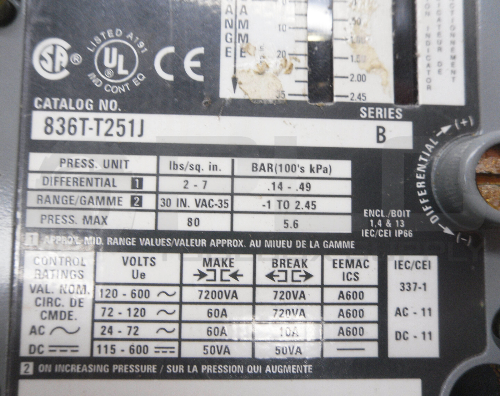 NEW ALLEN BRADLEY 836T-T251J /B PRESSURE CONTROL 600V 60A