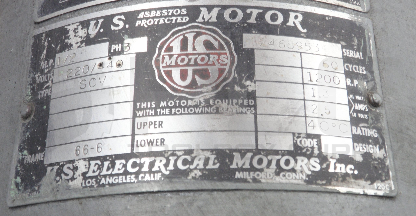 US MOTORS SCV ELECTRIC MOTOR 1/2HP 3PH 220/440V 66-6 FRAME 60CYC 1200RPM 2468953