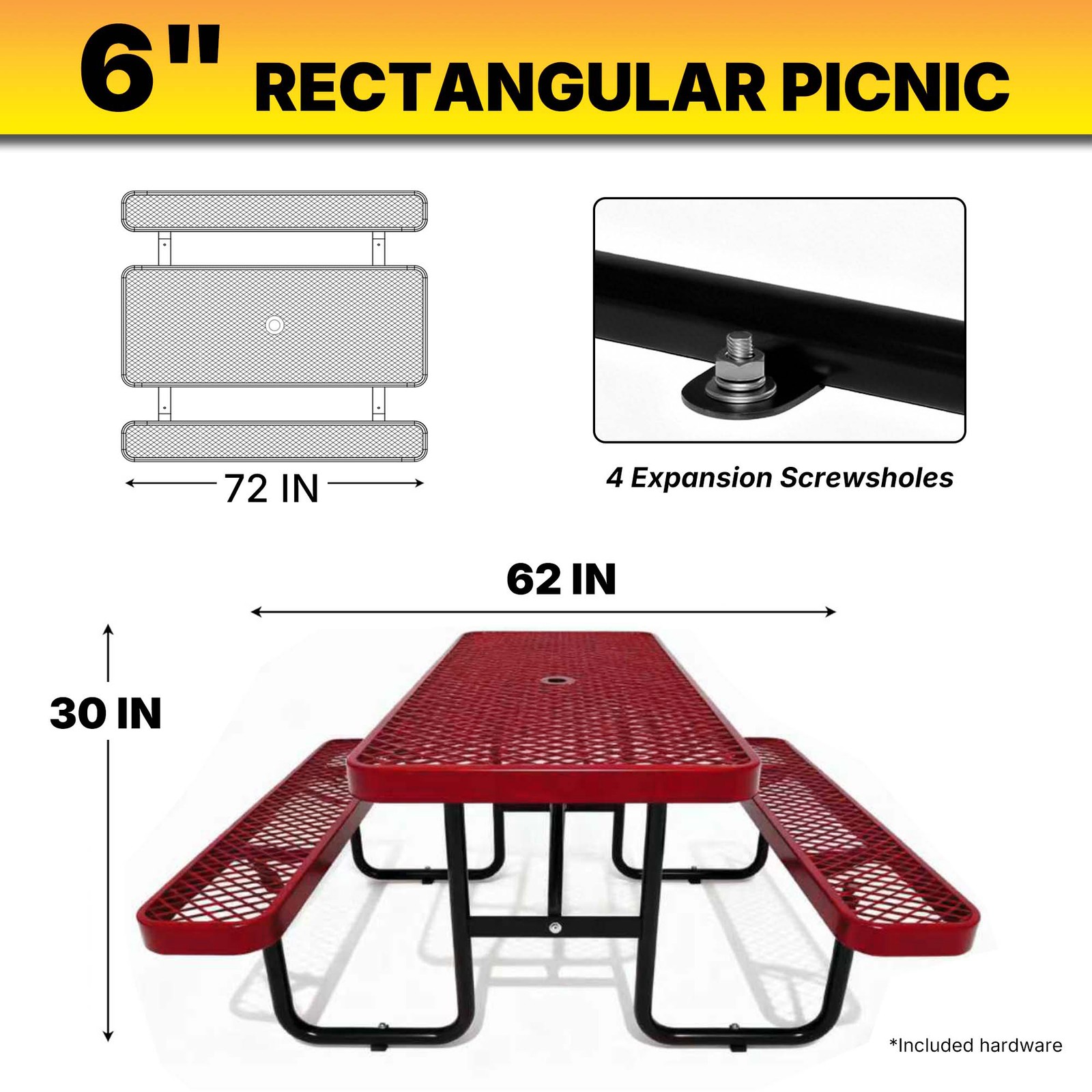 LAUCO Heavy Duty Rectangular Outdoor Picnic Table with Steel Frame Red, 72 inch