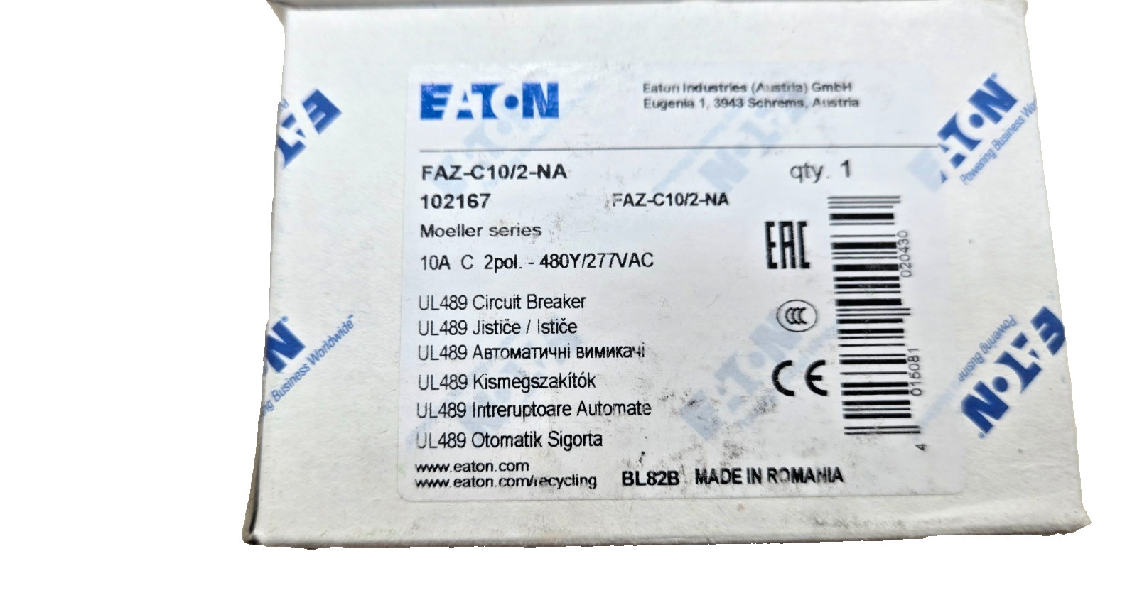 EATON FAZ-C10/2 NA 102167 480V 10A NEW