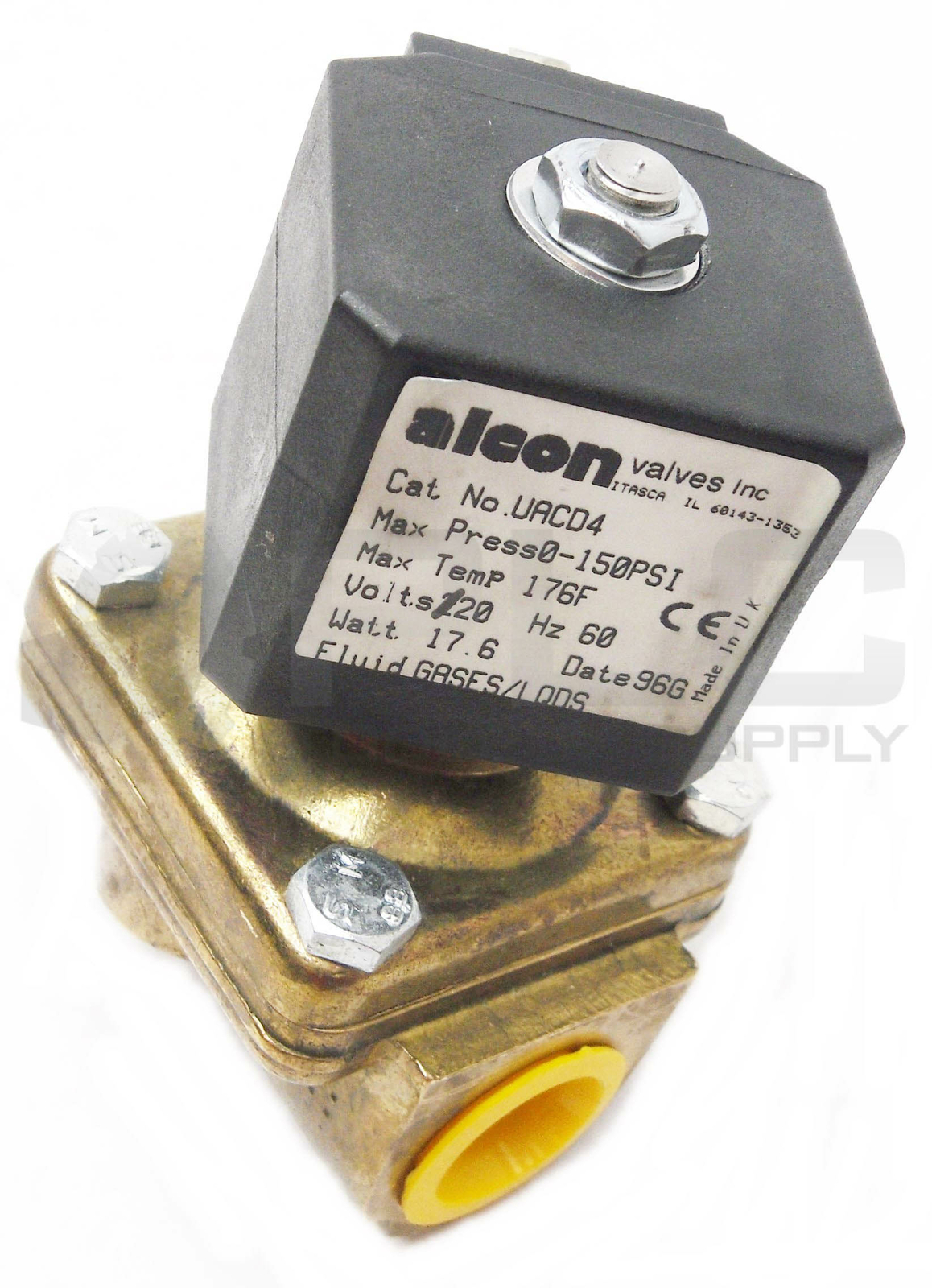 ALCON UACD4 BRASS SOLENOID VALVE GASES/LIQUIDS 0-150PSI 120V 60HZ 17.6W