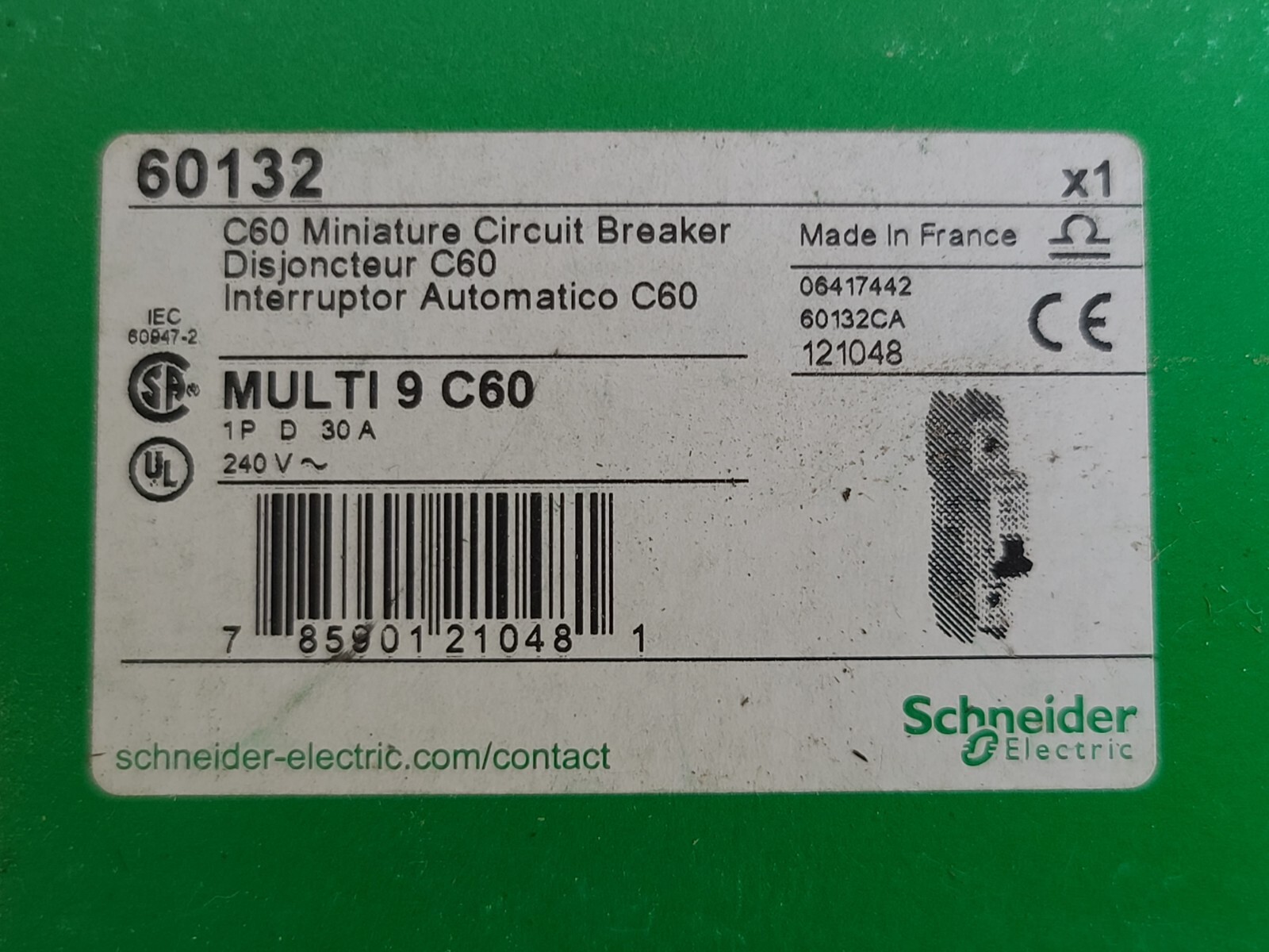 Schneider Electric 60132 Miniature Circuit Breaker Multi9 C60 1P 30 A 240V
